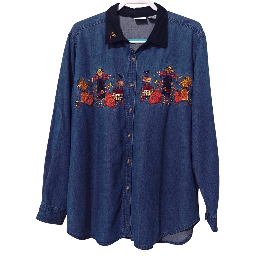 Vtg Denim Fall Scarecrow Shirt 2X 18 20 Embroidered Harvest Blue Jean Button XXL